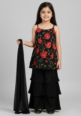 Girls Black Floral Print Crepe Kurta Set