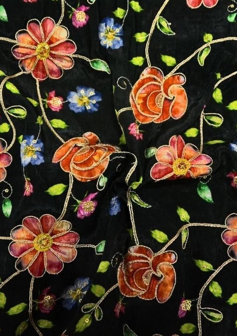 Girls Black Floral Print Crepe Kurta Set - Indya