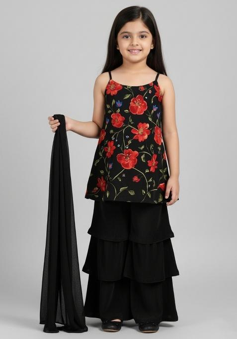 Girls Black Floral Print Crepe Kurta Set