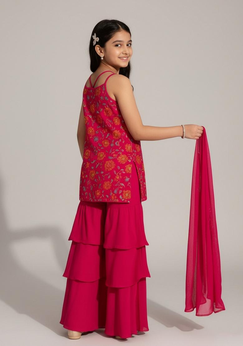 Girls Pink Floral Print Crepe Kurta Set - Indya