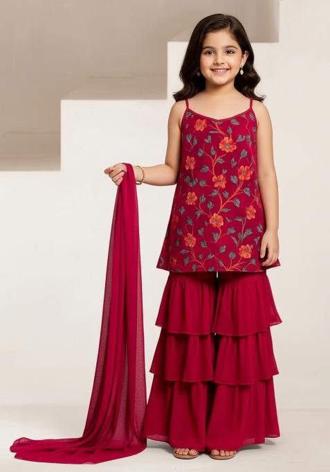 Girls Pink Floral Print Crepe Kurta Set