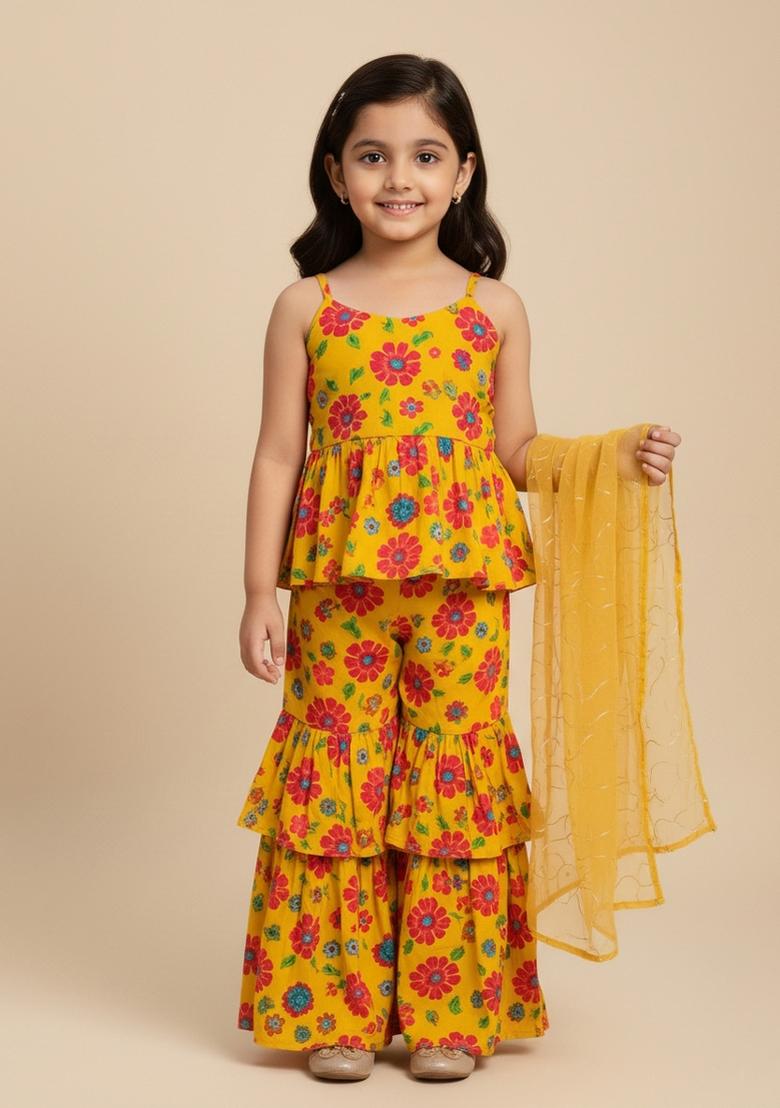 Girls Yellow Floral Print Crepe Kurta Set - Indya