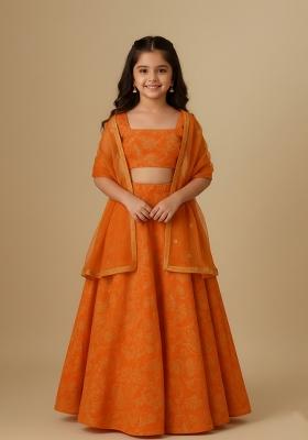 Girls Saffron Orange Embroidered Silk Lehenga Set