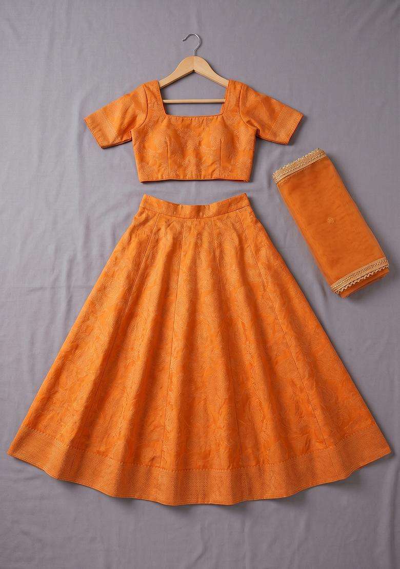 Girls Saffron Orange Embroidered Silk Lehenga Set - Indya
