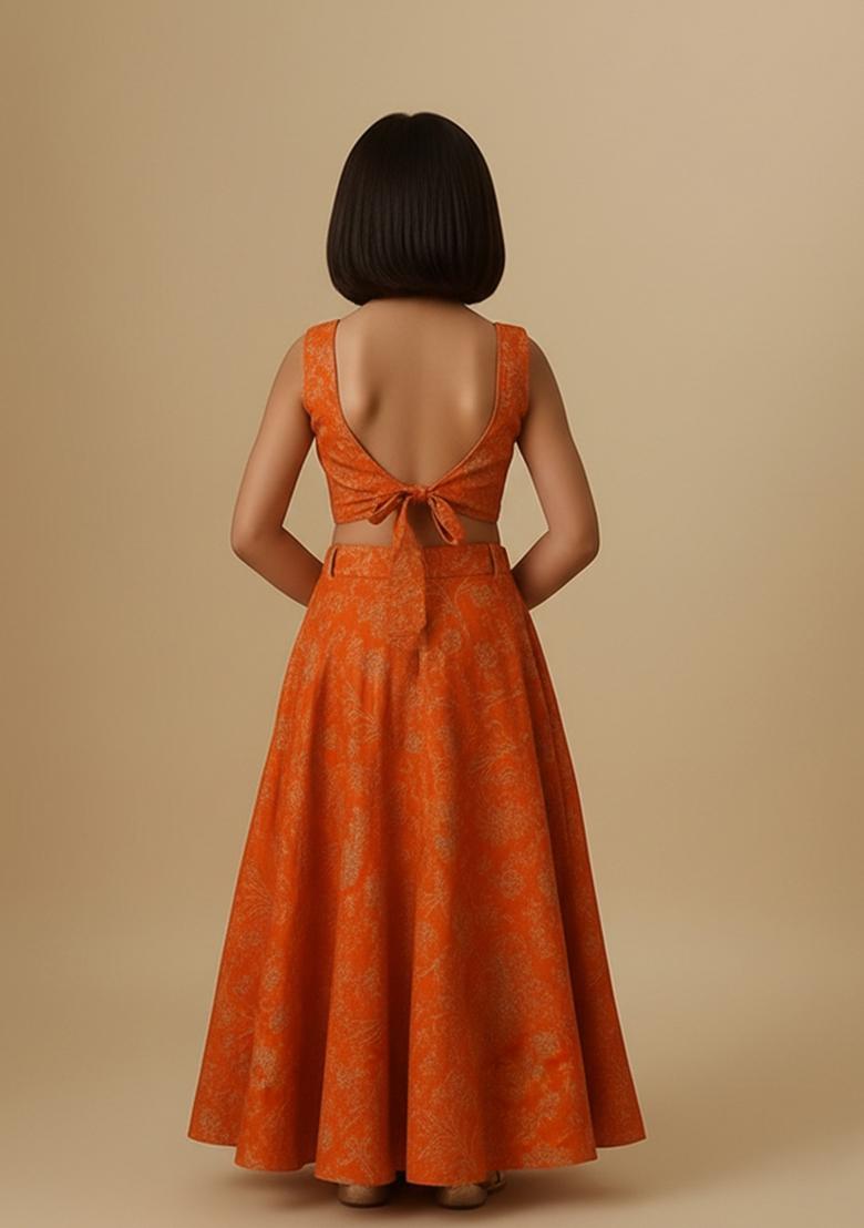 Girls Saffron Orange Embroidered Silk Lehenga Set - Indya