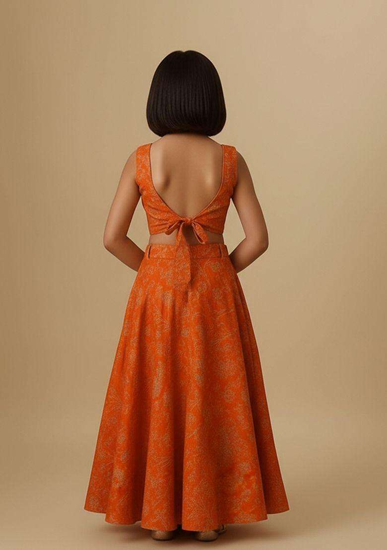 Girls Saffron Orange Embroidered Silk Lehenga Set - Indya