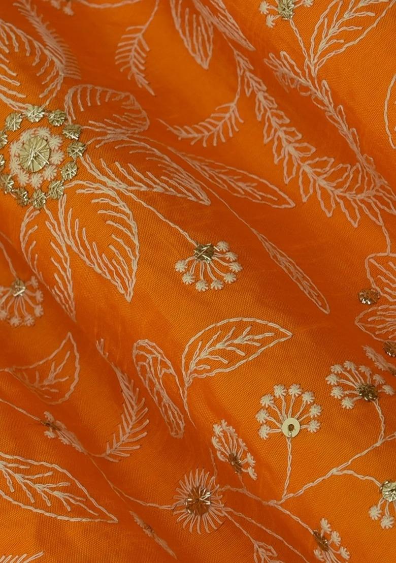 Girls Saffron Orange Embroidered Silk Lehenga Set - Indya