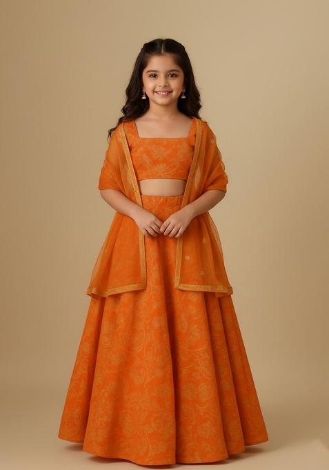Girls Saffron Orange Embroidered Silk Lehenga Set