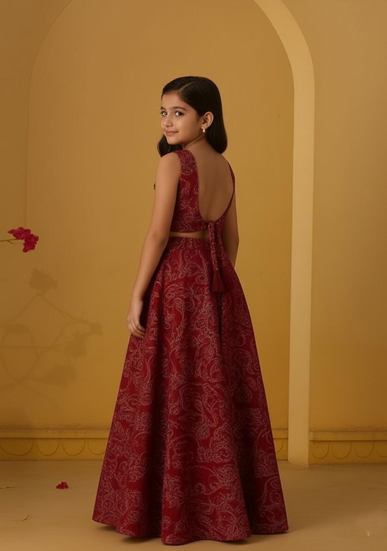 Girls Blood Red Embroidered Dola Silk Lehenga Set - Indya