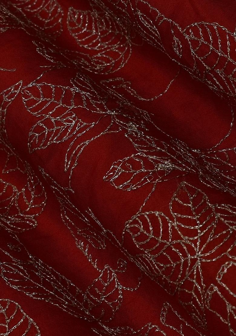 Girls Blood Red Embroidered Dola Silk Lehenga Set - Indya