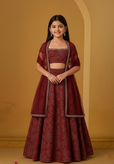 Girls Blood Red Embroidered Dola Silk Lehenga Set