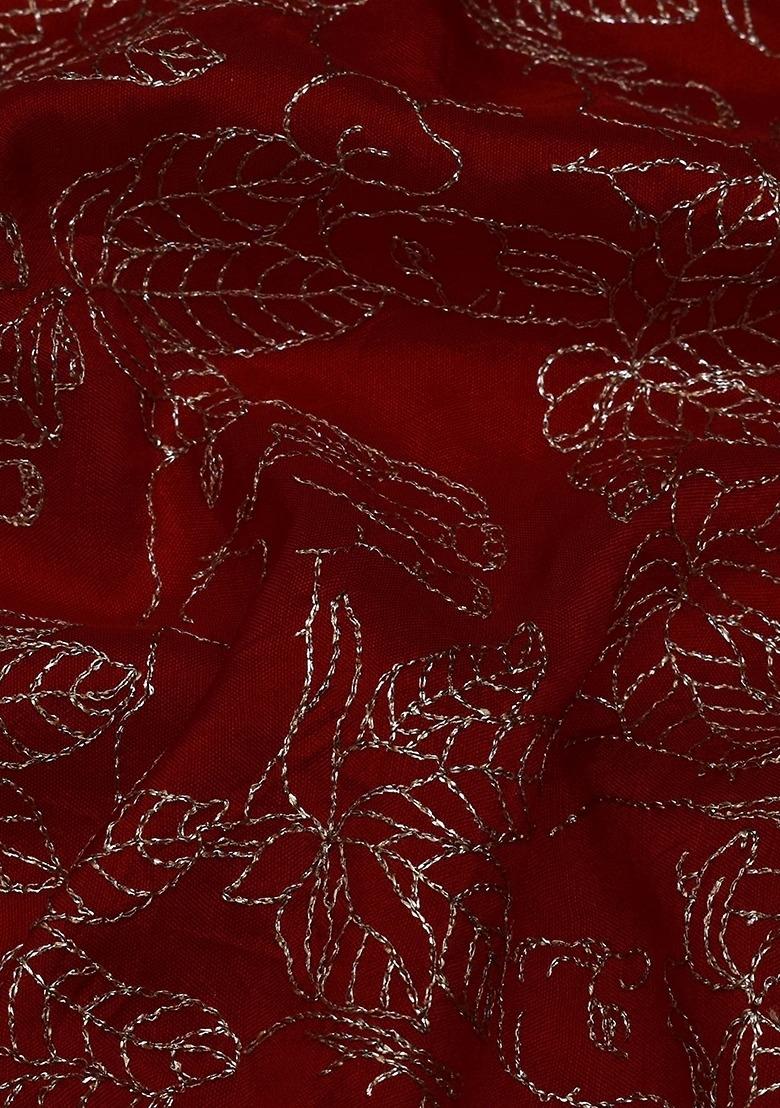 Girls Blood Red Embroidered Dola Silk Lehenga Set