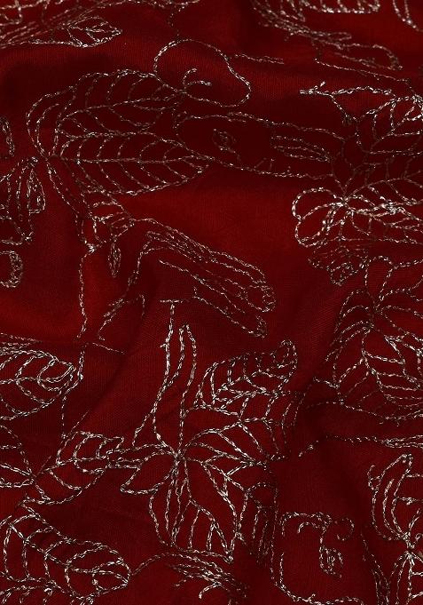 Girls Blood Red Embroidered Dola Silk Lehenga Set