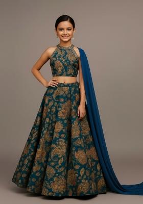 Girls Multicolor Floral Print Satin Lehenga Set