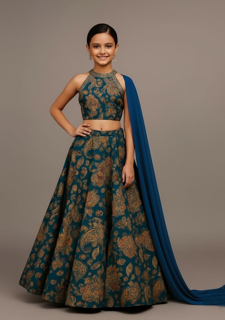 Girls Multicolor Floral Print Satin Lehenga Set