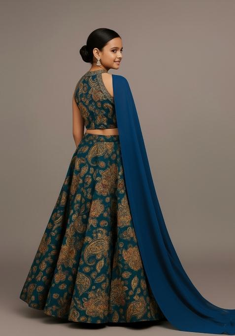 Girls Multicolor Floral Print Satin Lehenga Set