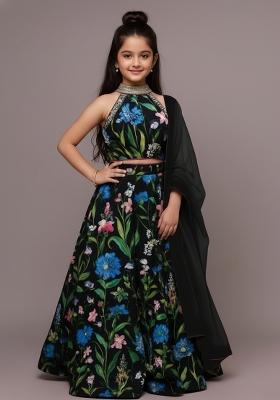 Girls Multicolor Floral Print Satin Lehenga Set
