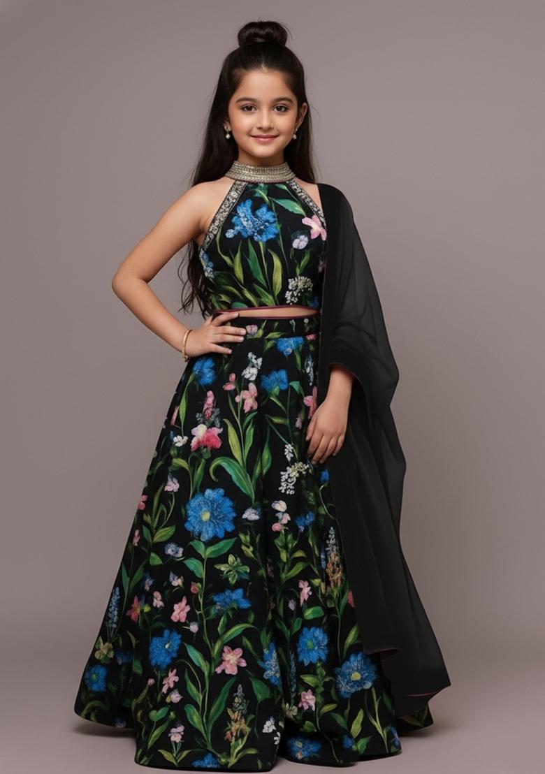 Girls Multicolor Floral Print Satin Lehenga Set
