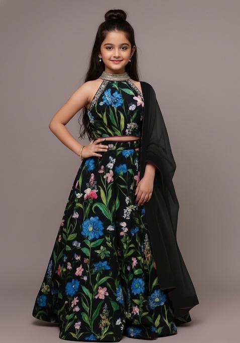Girls Multicolor Floral Print Satin Lehenga Set