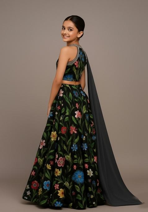 Girls Multicolor Floral Print Satin Lehenga Set