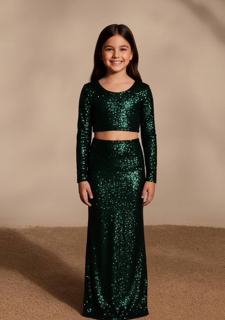 Girls Bottle Green Sequin Net Lehenga Set