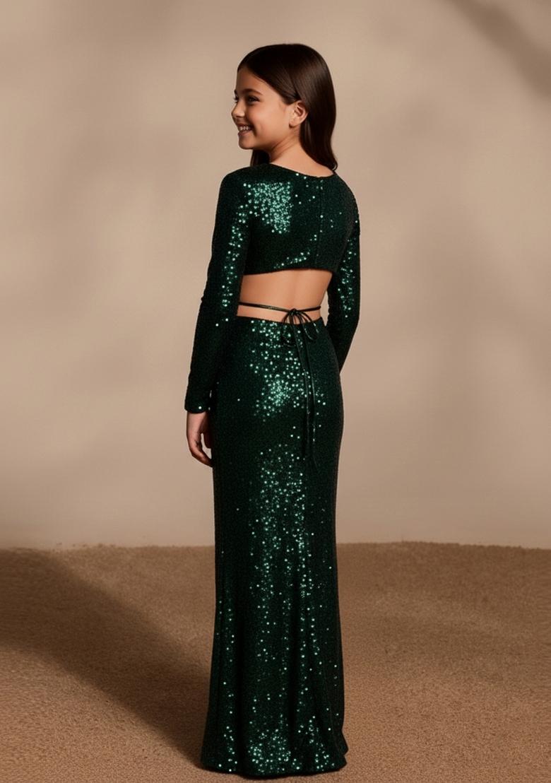 Girls Bottle Green Sequin Net Lehenga Set