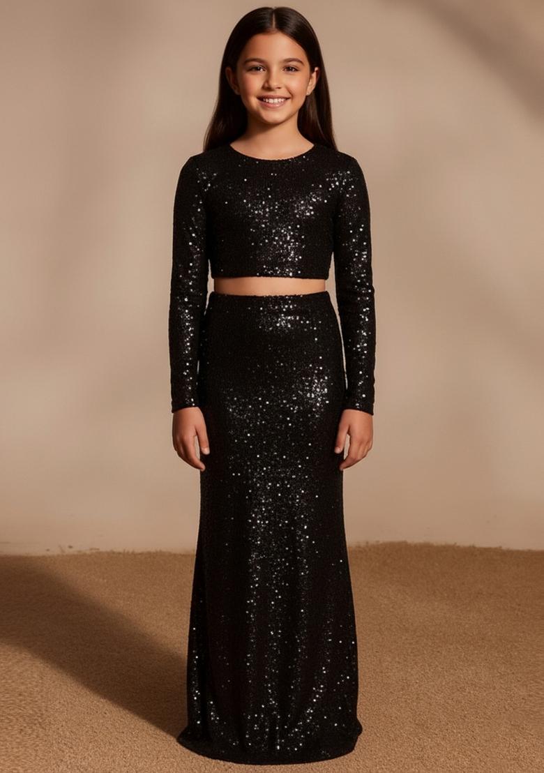 Girls Black Sequin Net Lehenga Set