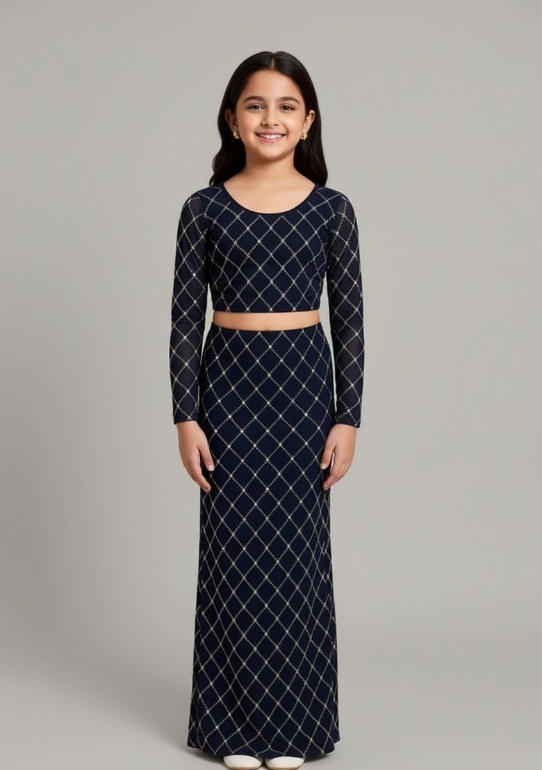 Girls Navy Blue Embroidered Georgette Lehenga Set