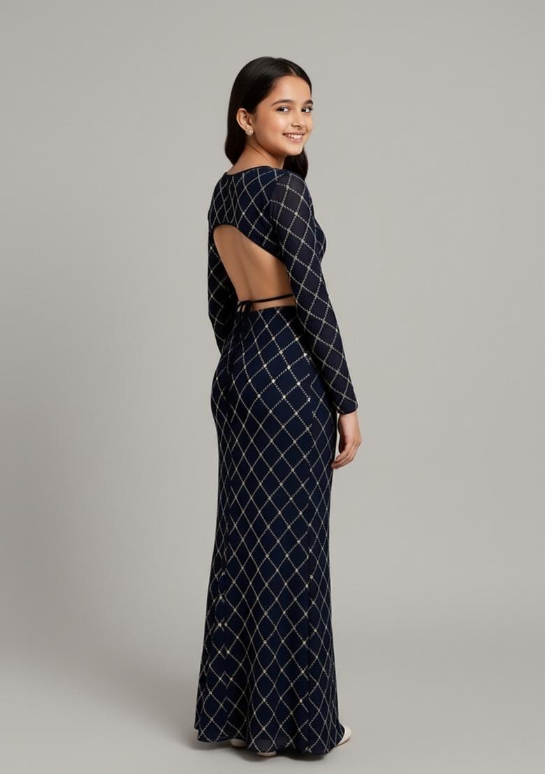 Girls Navy Blue Embroidered Georgette Lehenga Set - Indya