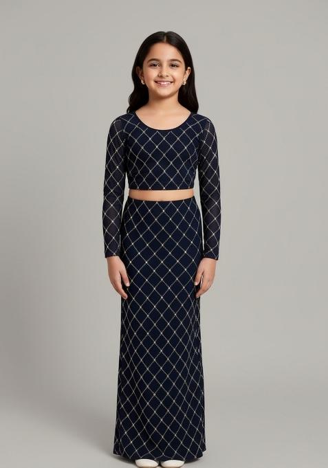 Girls Navy Blue Embroidered Georgette Lehenga Set