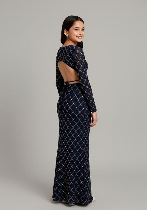 Girls Navy Blue Embroidered Georgette Lehenga Set