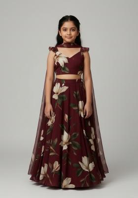 Girls Brown Floral Print Georgette Lehenga Set
