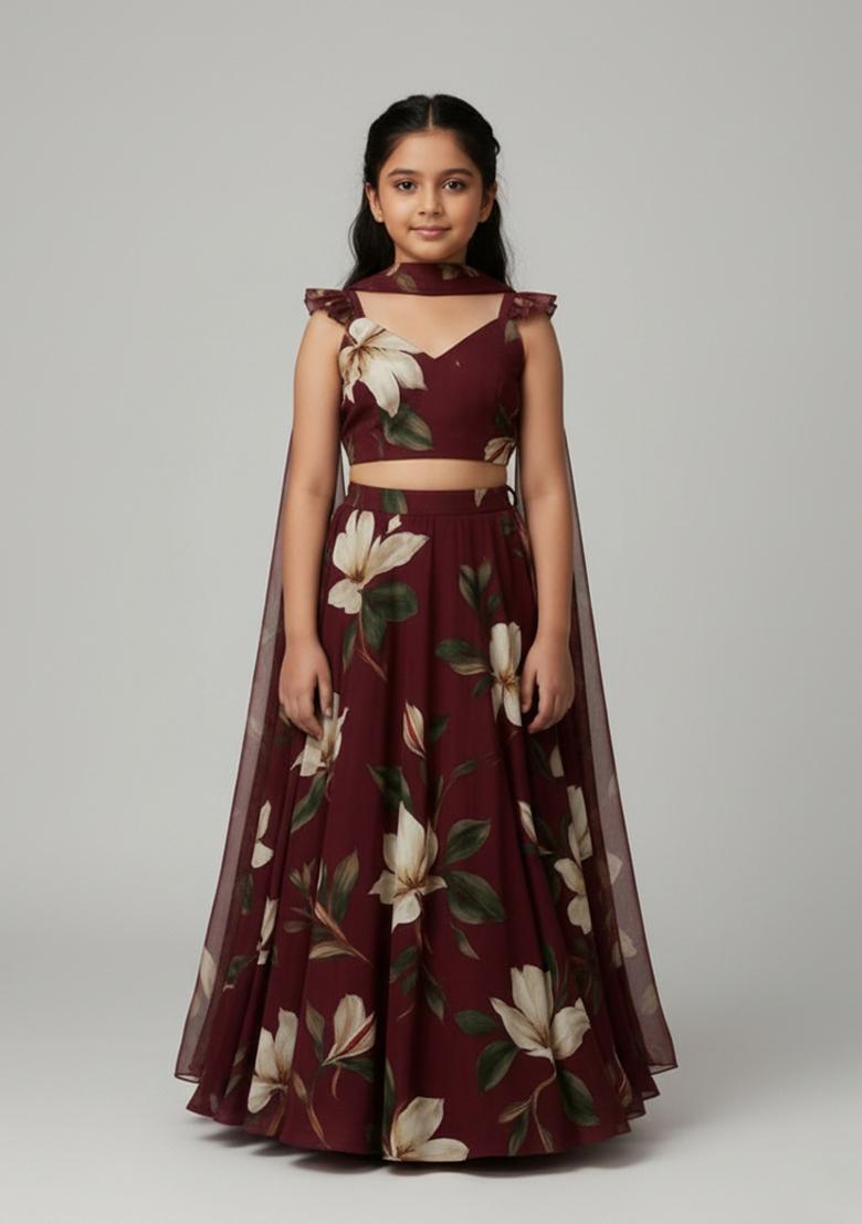 Girls Brown Floral Print Georgette Lehenga Set - Indya