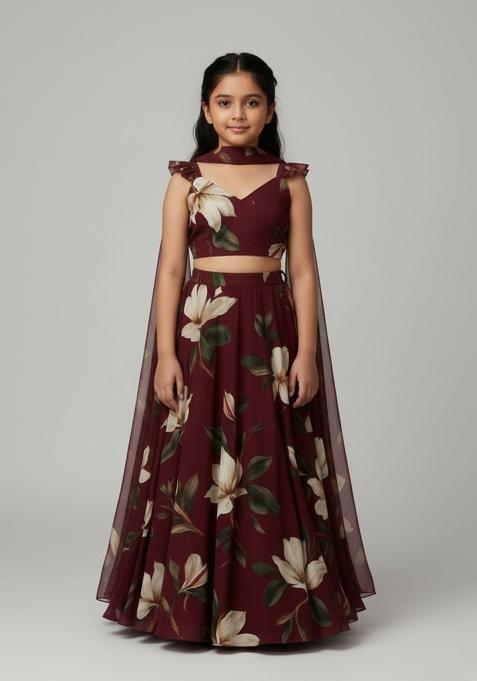 Girls Brown Floral Print Georgette Lehenga Set