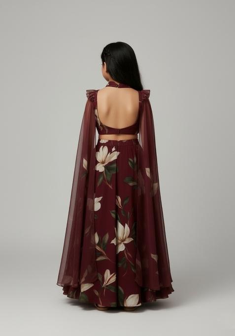 Girls Brown Floral Print Georgette Lehenga Set