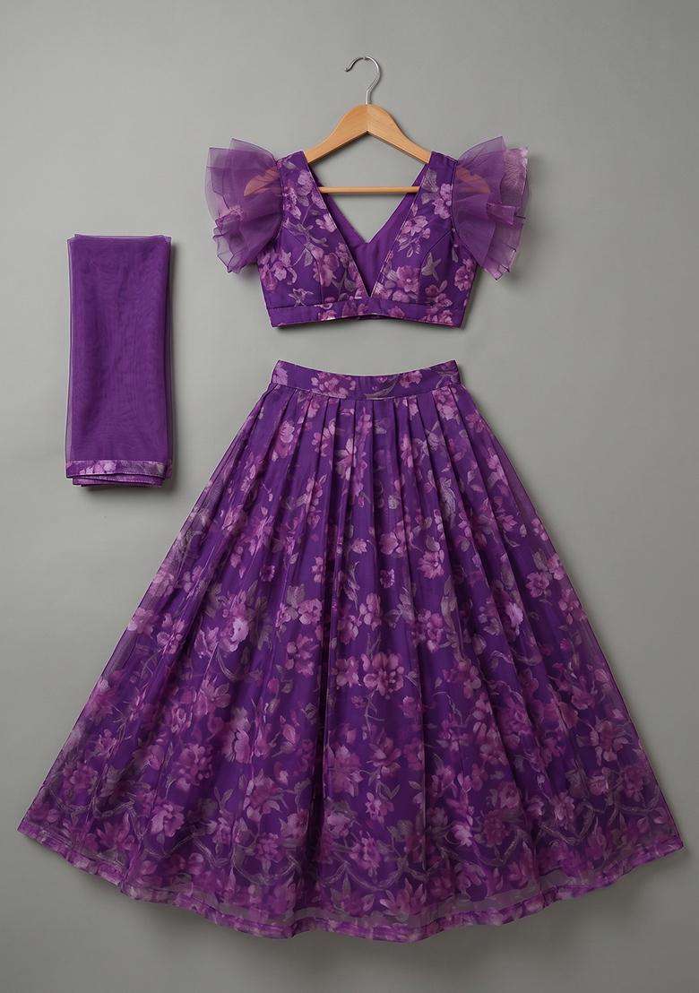 Girls Purple Floral Print Chiffon Lehenga Set - Indya