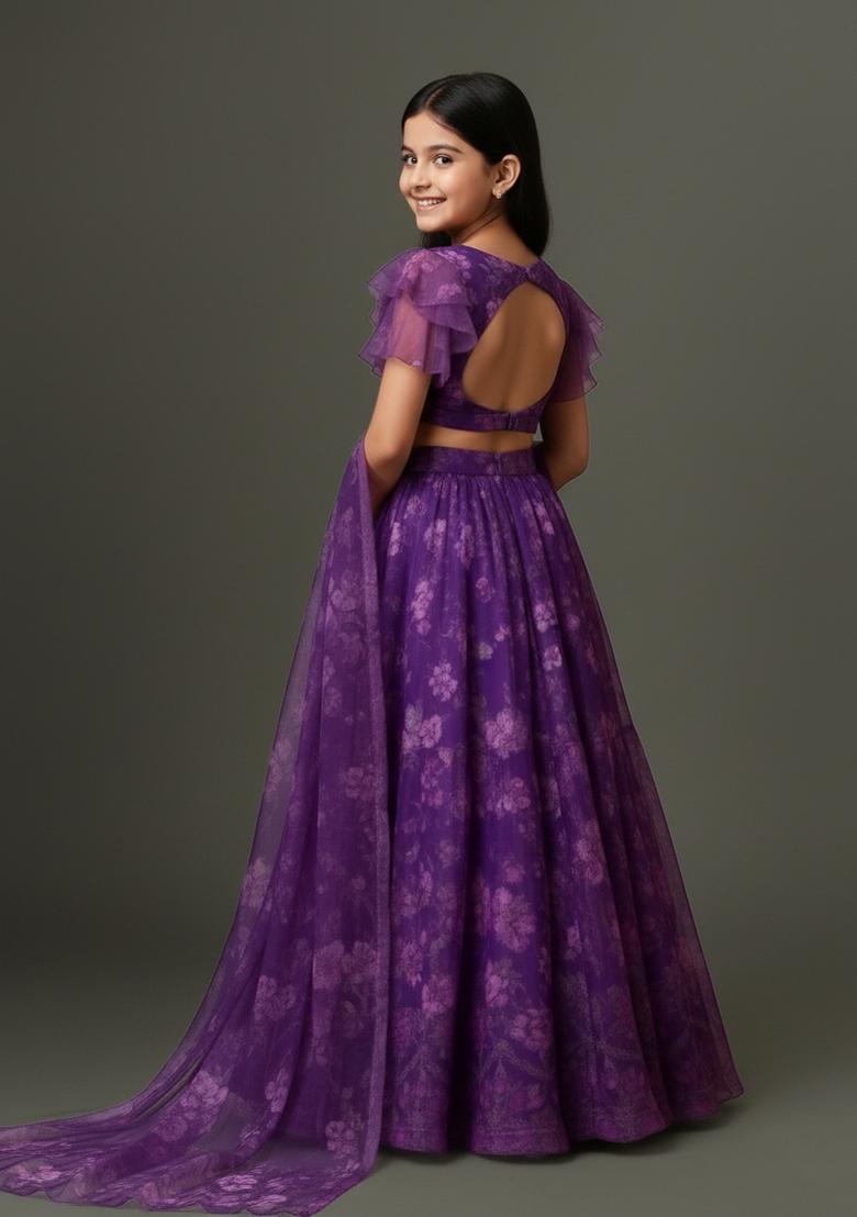 Girls Purple Floral Print Chiffon Lehenga Set - Indya