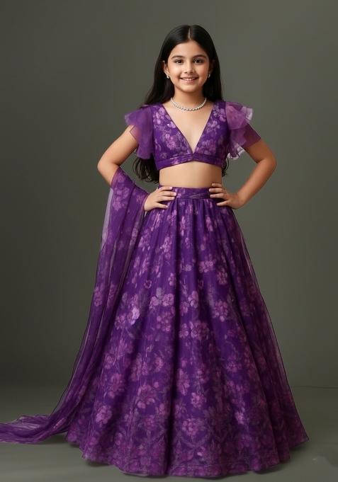 Girls Purple Floral Print Chiffon Lehenga Set