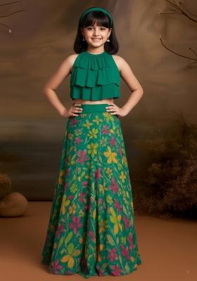 Girls Green Floral Print Satin Lehenga Set