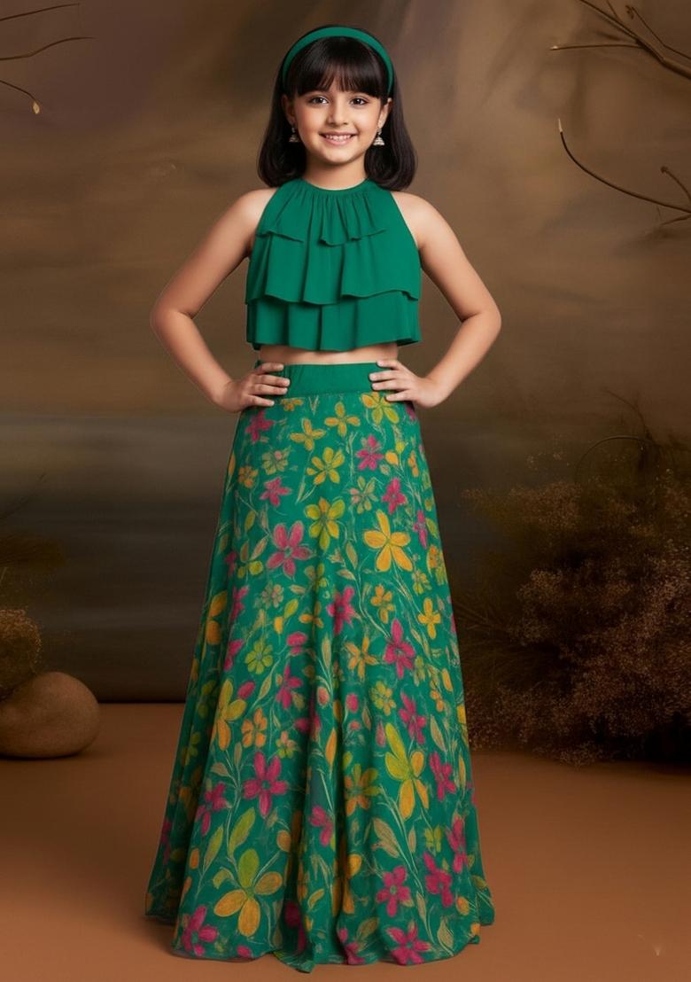 Girls Green Floral Print Satin Lehenga Set