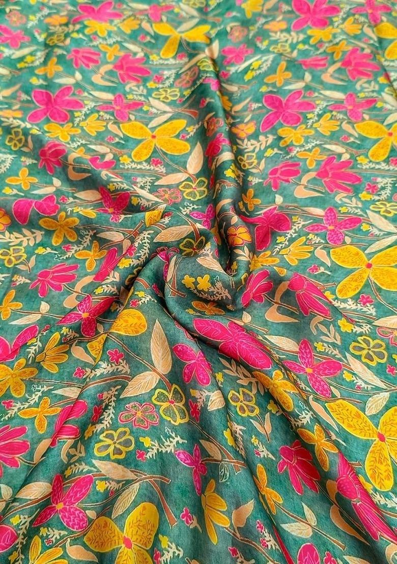 Girls Green Floral Print Satin Lehenga Set