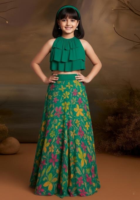 Girls Green Floral Print Satin Lehenga Set