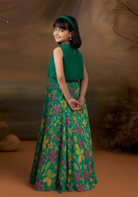Girls Green Floral Print Satin Lehenga Set