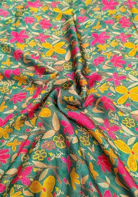 Girls Green Floral Print Satin Lehenga Set