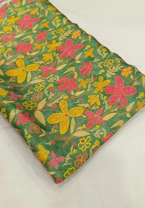 Girls Green Floral Print Satin Lehenga Set