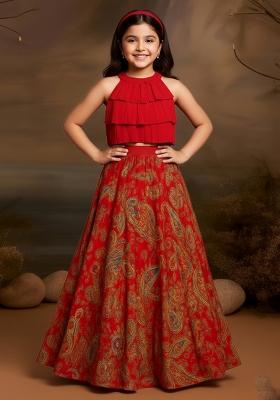 Girls Orange Floral Print Satin Lehenga Set