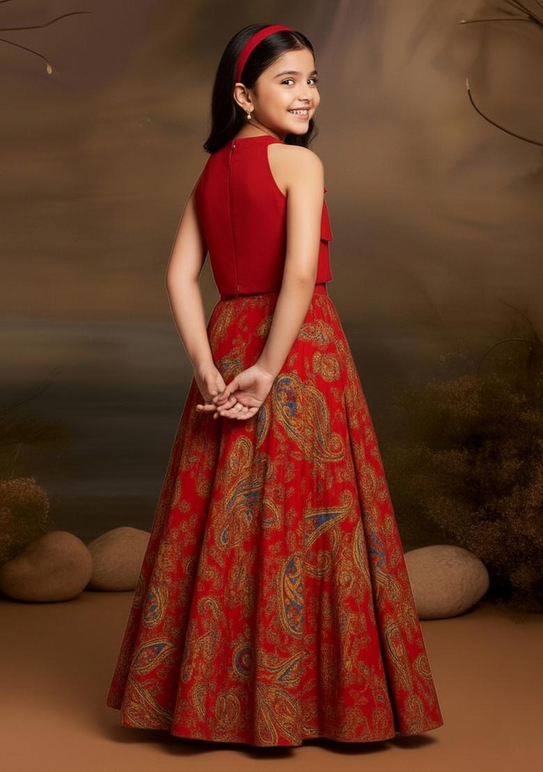 Girls Orange Floral Print Satin Lehenga Set - Indya