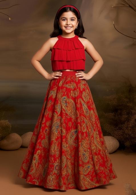 Girls Orange Floral Print Satin Lehenga Set