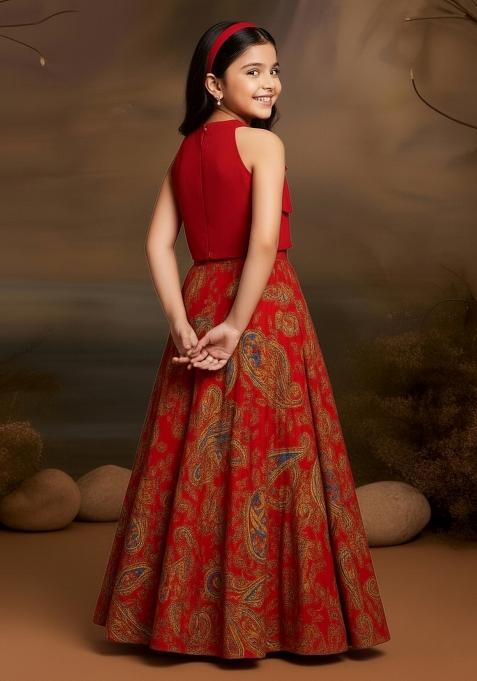 Girls Orange Floral Print Satin Lehenga Set