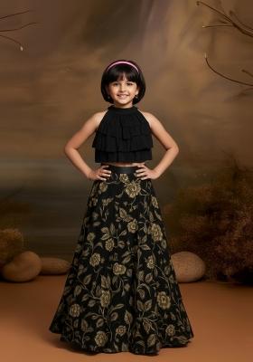 Girls Black Floral Print Satin Lehenga Set